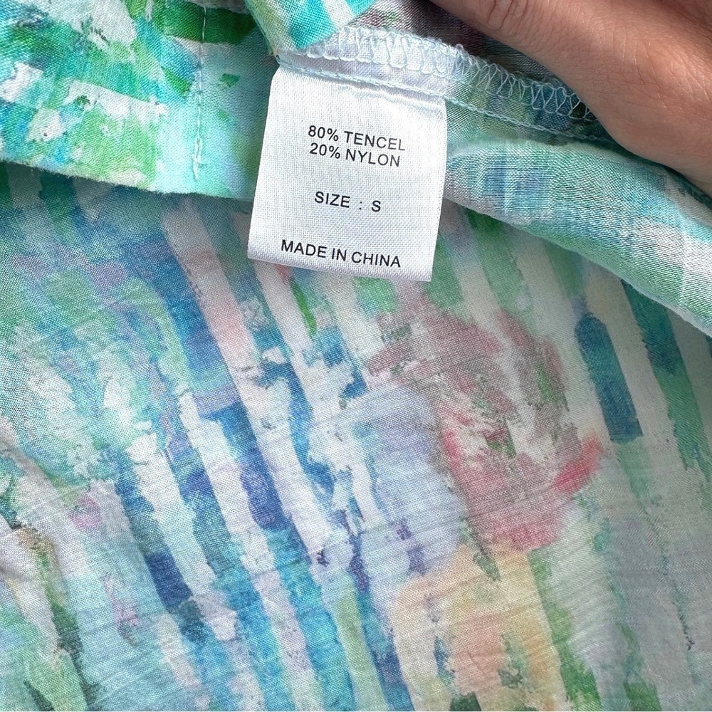 Terra SJ Watercolor Stripe Ruffle Collar Button Up Green Art to wear tunic - Picture 10 of 12